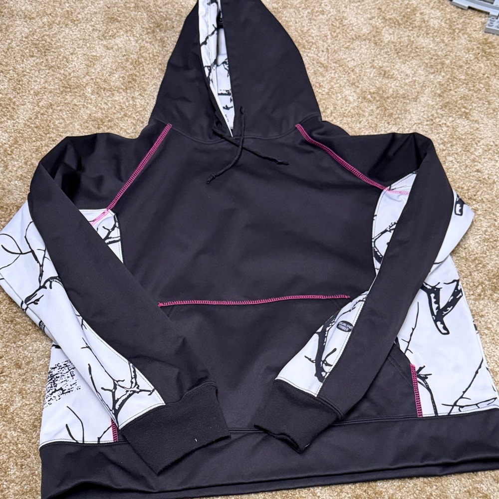 Women's Black and White Hoodie with Pink Stitching